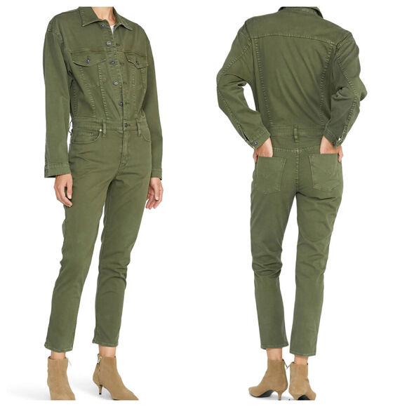 Hudson Sloane Long Sleeve Utility Jumpsuit Olive Green Stretch Cotton Romper XS - Picture 1 of 11